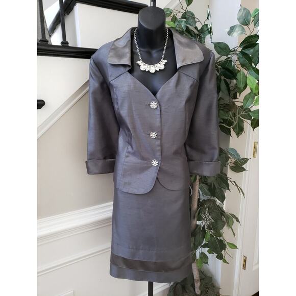 Dana Kay Skirt Suit Set Women's 18 Silver Single Breasted Collar 3 Button Front - Picture 4 of 16